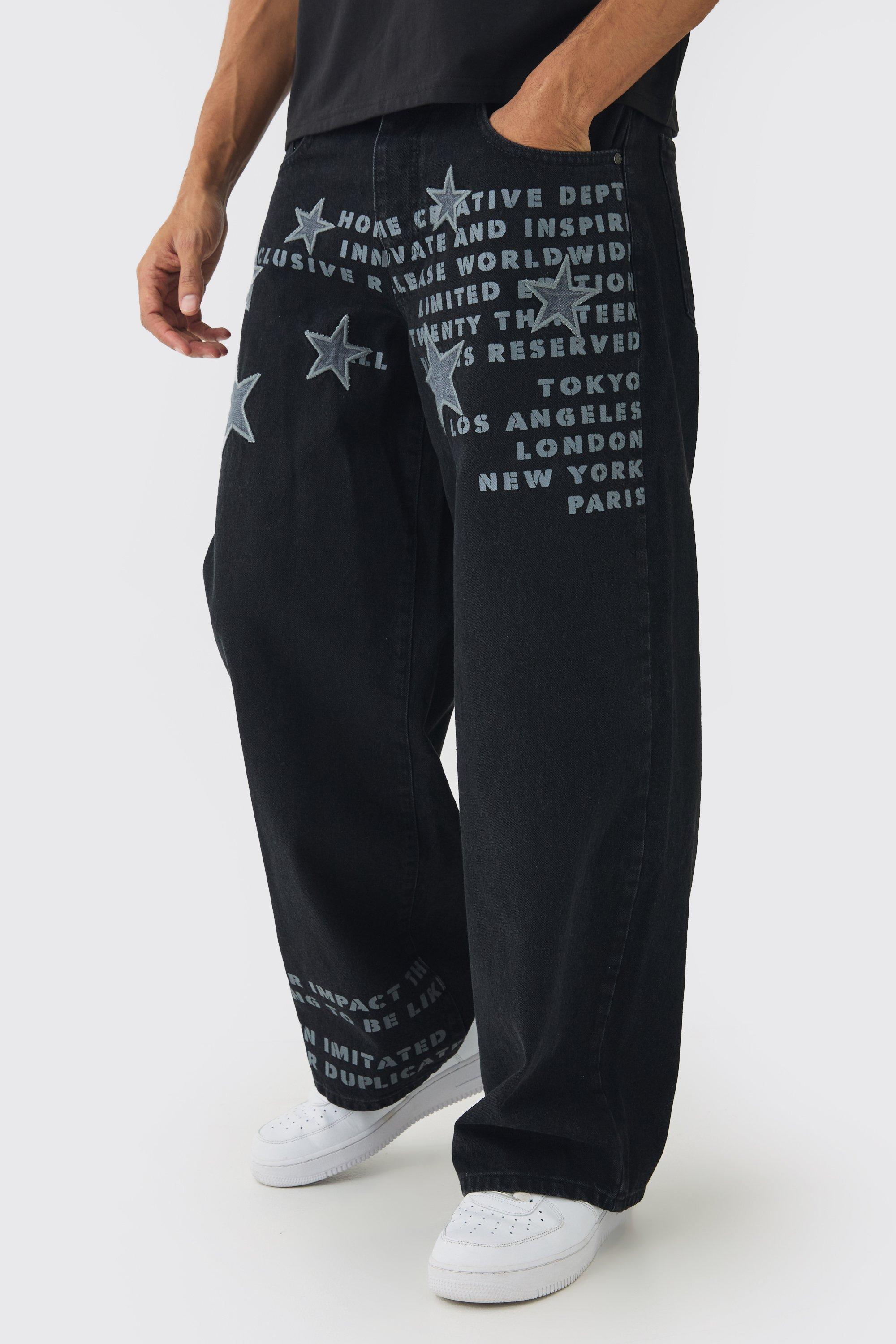 Mens Black Baggy Rigid Star Applique Denim Jeans, Black